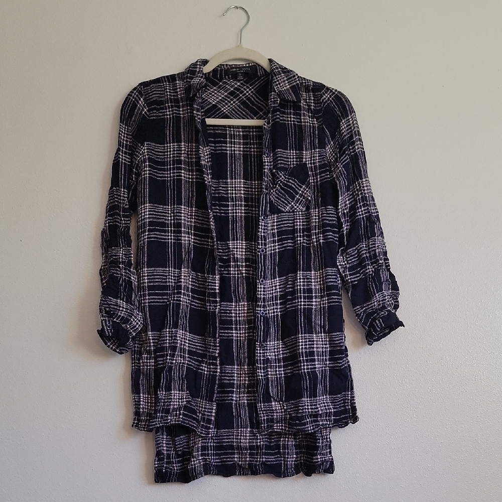 Womens Navy Long Plaid Shirt